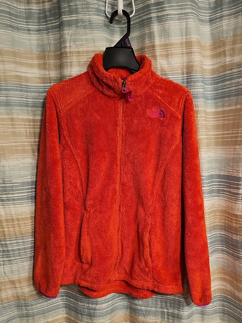 The North Face Girl's Bright Orange Plush Full-Zip Jacket with Purple Accents